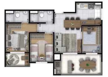 Planta 3 dorms - perspectiva ilustrada