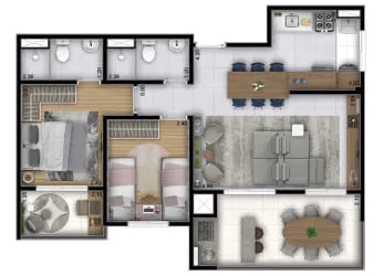 Planta 3 dorms - perspectiva ilustrada