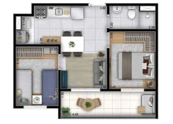 Planta 2 dorms - perspectiva ilustrada