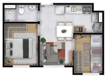 Planta 3 dorms - perspectiva ilustrada